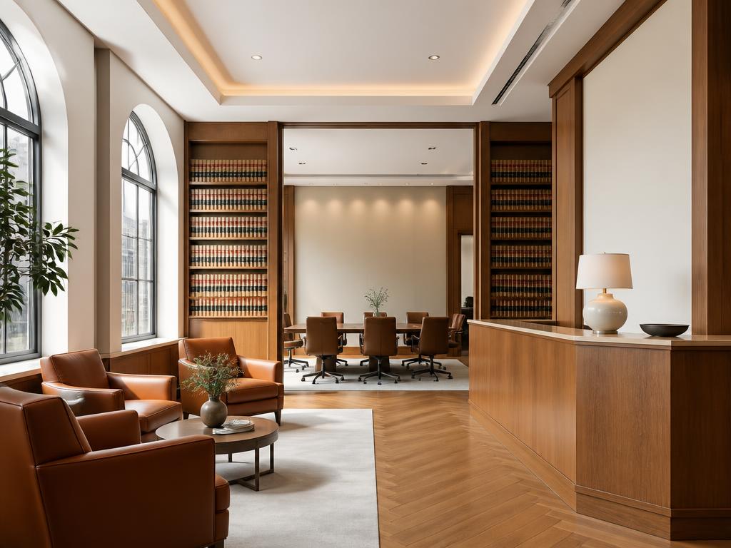 Professional law firm interior with wood paneling and legal volumes