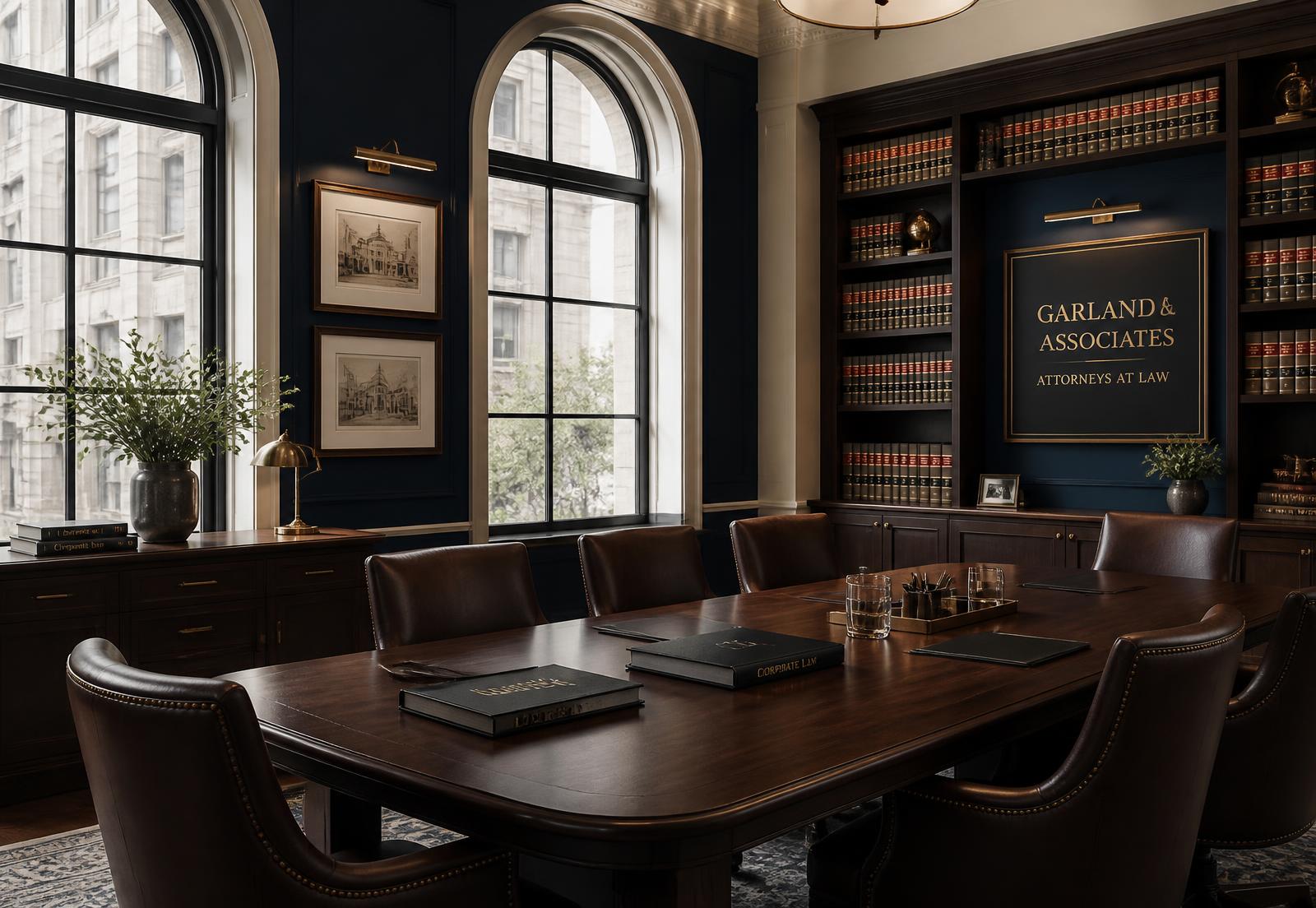Conference room of a corporate law practice with legal volumes and daylight